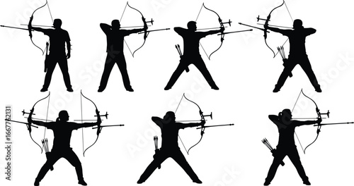 Black silhouette archers aiming, traditional bow and arrow, archery sport illustration, shooting stance, quiver arrows, target practice, hunting concept, isolated vector graphic