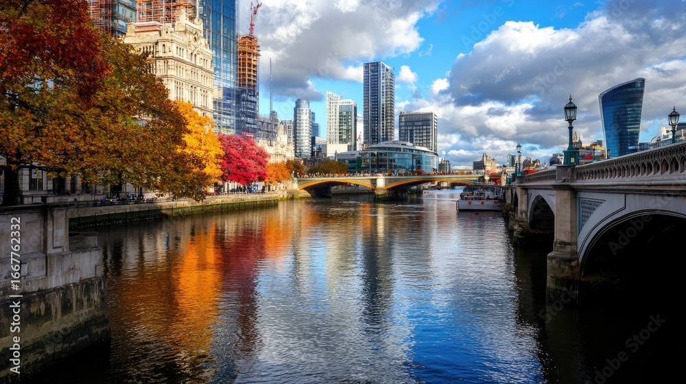 Naklejka premium Vibrant Autumn Scene of River Thames Featuring Colorful Trees and Modern Architecture in London