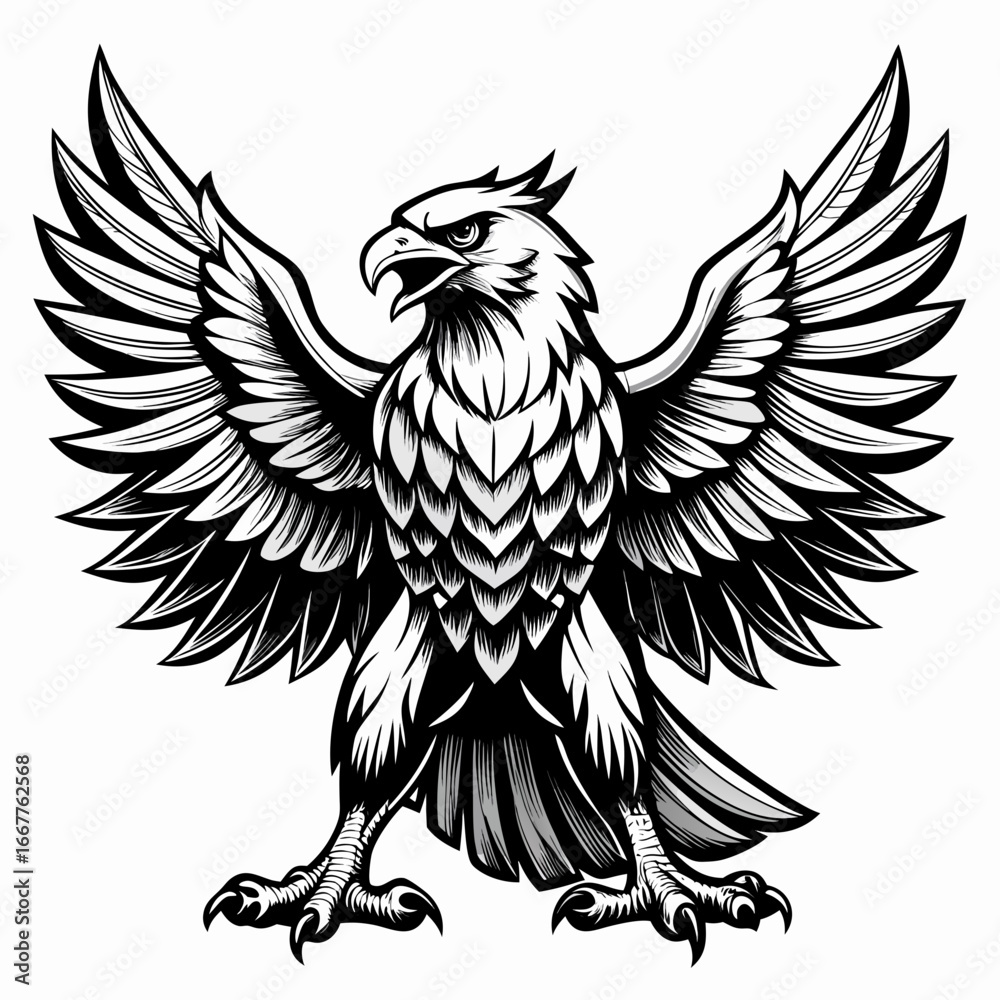 Obraz premium A stylized cartoon bald eagle mascot with its wings spread in a flying pose