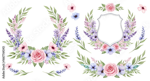 Delicate Watercolor Floral Frames and Elements for Wedding Invitations and Greeting Cards, Ideal for Decorative Design Projects and Celebratory Artwork
