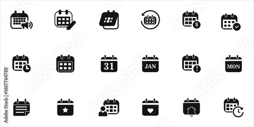calendar icons set. alert, agenda, meeting, promotion and more. simple solid vector illustration