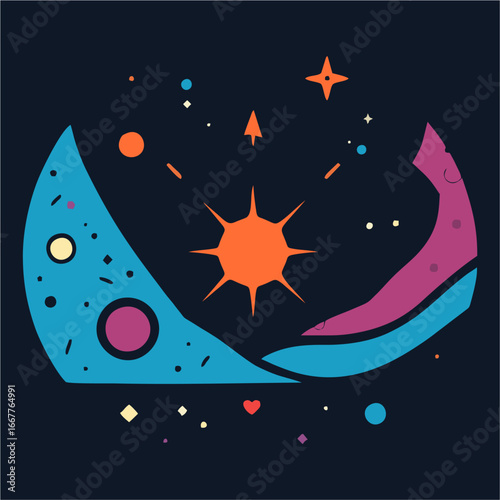 Modern Abstract Vector Illustration of Crescent Moon, Shining Sun, and Stars in Minimal Cosmic Design for Night Sky and Space Art