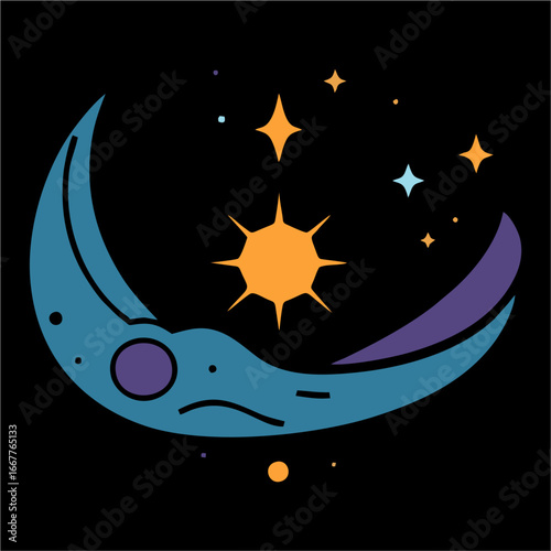 Modern Abstract Vector Illustration of Crescent Moon, Shining Sun, and Stars in Minimal Cosmic Design for Night Sky and Space Art