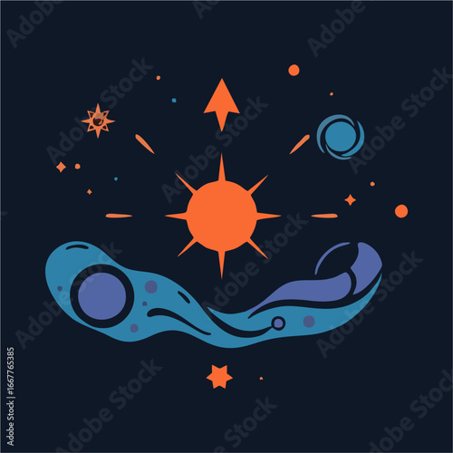Modern Abstract Vector Illustration of Crescent Moon, Shining Sun, and Stars in Minimal Cosmic Design for Night Sky and Space Art