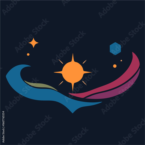 Modern Abstract Vector Illustration of Crescent Moon, Shining Sun, and Stars in Minimal Cosmic Design for Night Sky and Space Art
