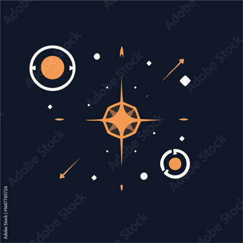 Modern Abstract Vector Illustration of Crescent Moon, Shining Sun, and Stars in Minimal Cosmic Design for Night Sky and Space Art