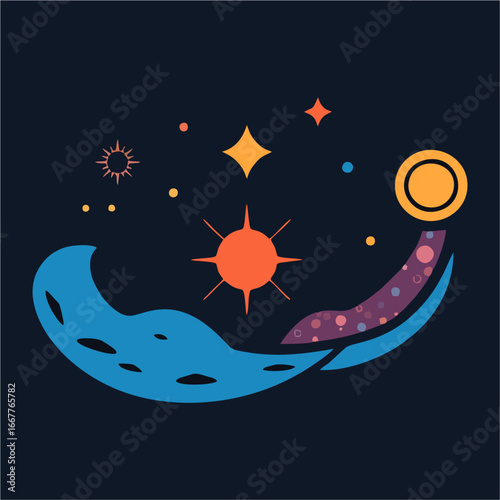 Modern Abstract Vector Illustration of Crescent Moon, Shining Sun, and Stars in Minimal Cosmic Design for Night Sky and Space Art