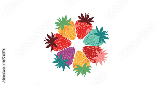 Vibrant strawberries arranged in a colorful circle, perfect for summer designs and healthy eating themes.