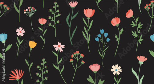 Charming floral pattern with delicate blooms and greenery on a dark background, perfect for spring designs