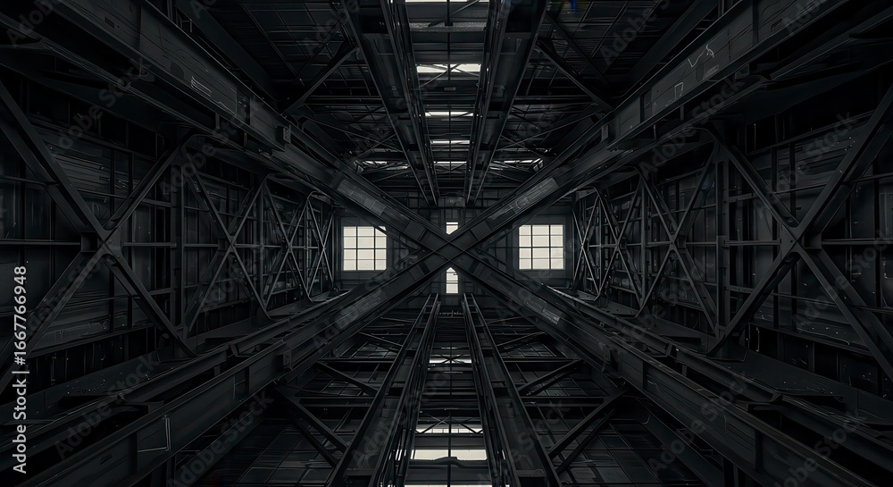 Naklejka premium Epic criss-cross steel structure inside industrial hall – dramatic perspective engineering background in crystal 8K.