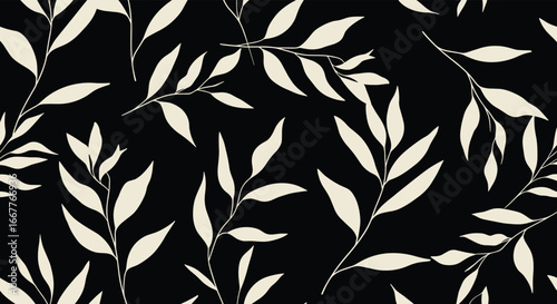 Elegant cream leaves pattern on black background creates sophisticated natural ambiance
