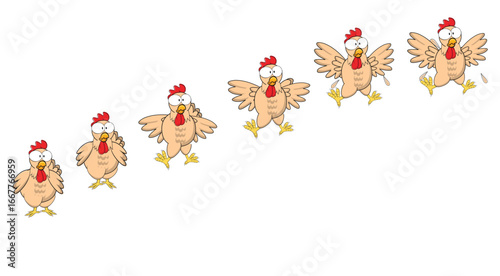 Chicken in animation frames sequence, a playful sequence. shocked jump