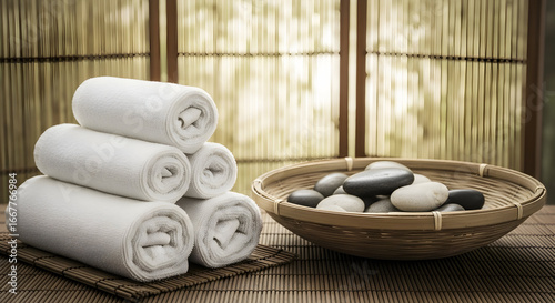 Spa still life with towels and stones arrangement for relaxation and wellness concept