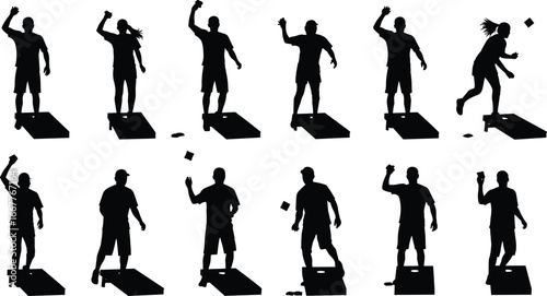 Cornhole game silhouettes, bean bag toss players, lawn sport illustration, outdoor activity concept, throwing stance, leisure competition, backyard fun, isolated vector graphic