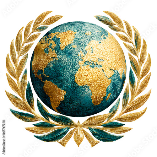 Vintage watercolor world globe emblem with golden laurel wreath, Earth icon isolated PNG for international logo and badge design