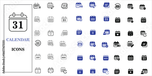 calendar icons set. alert, agenda, meeting, promotion and more. simple complete vector illustration.