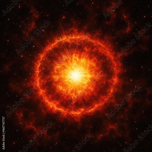 A magnificent and powerful cosmic supernova explosion revealing a brilliant fiery ring of gas and stars.