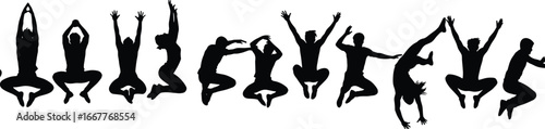 Jumping person silhouettes, mid‑air pose vector, dance and athletic movement illustration, dynamic body motion design, sport action graphic, human figure, isolated artwork