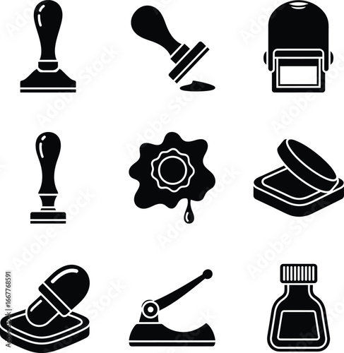 Collection of office supply icons including stamps ink pads and a hole punch