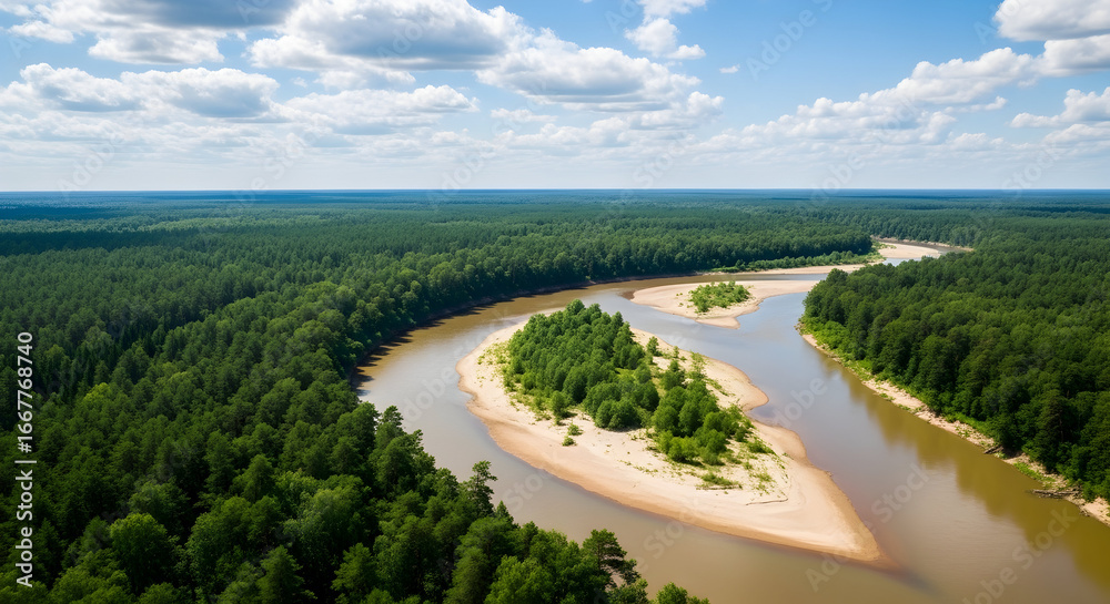 Obraz premium Breathtaking aerial view of a winding river cutting through a lush green forest landscape during