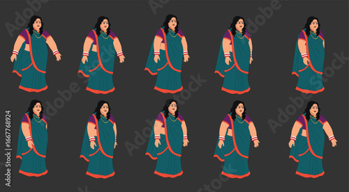 Healthy fat Woman in Saree walk cycle Animation Frames