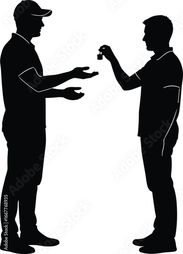 Key handover silhouette, people exchange vector, transaction illustration, trust and responsibility concept, property transfer design, business deal graphic, isolated black artwork