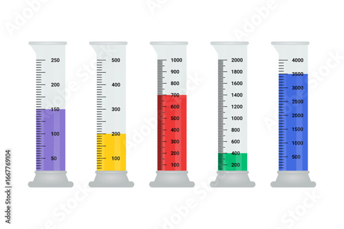 Set of Graduated Cylinders vector illustration. Measuring cylinder with liquids laboratory instruments. Tube vector glass chemistry on a white background.