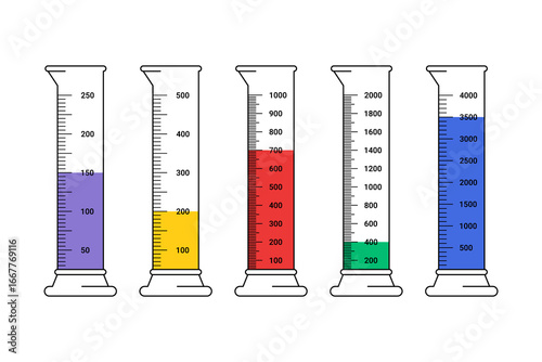 Set of Graduated Cylinders vector illustration. Measuring cylinder with liquids laboratory instruments. Tube vector glass chemistry on a white background.
