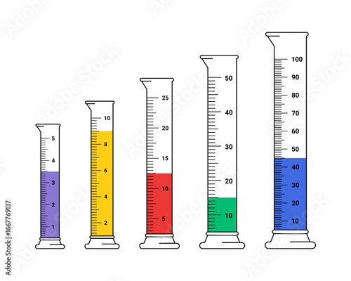 Set of Graduated Cylinders vector illustration. Measuring cylinder with liquids laboratory instruments. Tube vector glass chemistry on a white background.