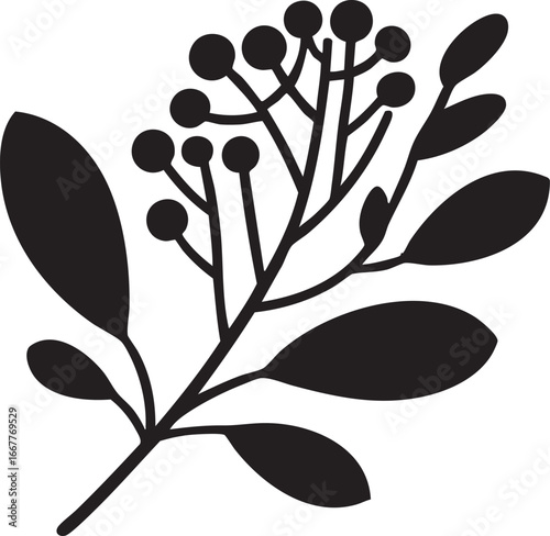 Black and white vector illustration of leaves and berries clipart eps silhouette