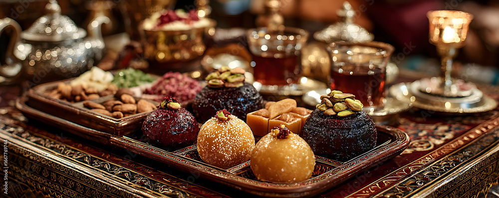Fototapeta premium Assorted Indian sweets arranged on tray in opulent stting