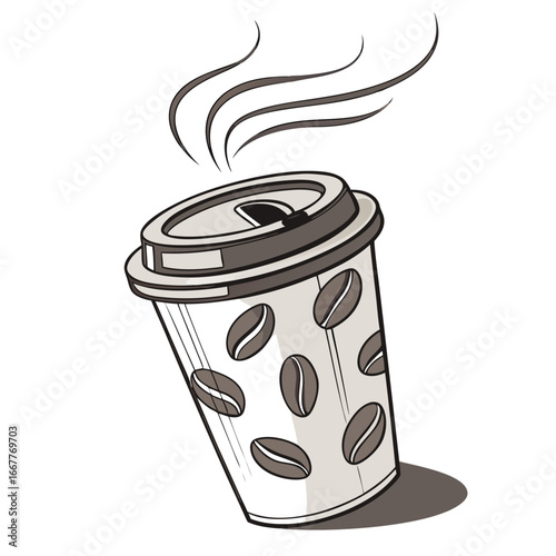 A steaming cup of coffee in a disposable paper cup with coffee bean design.