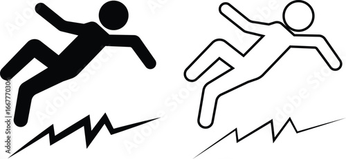 Earthquake hazard icon set, falling person silhouette with seismic crack, black solid and outline pictogram vector, natural disaster safety warning, emergency alert, danger awareness design.