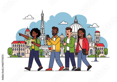 Four tourists enjoying paris landmarks such as the eiffel tower, perfect for travel brochures, websites, or social media posts.