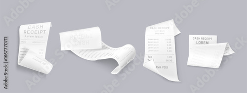 Cash bill receipt paper strips with printed text and numbers curled on gray background for retail transactions. White payment documents with prices and taxes for shopping or accounting mockups.