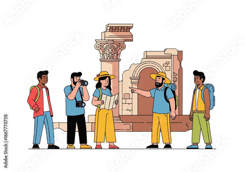 Group of tourists exploring ancient ruins, one taking pictures outside. Suitable for travel blogs, historical websites, and tourism promotions.