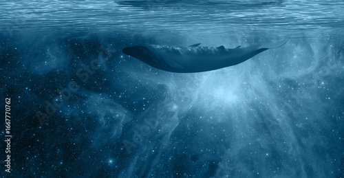 Fototapeta Naklejka Na Ścianę i Meble -  World oceans day concept with whale swiming underweater - The Sword of Orion Nebula in the background  