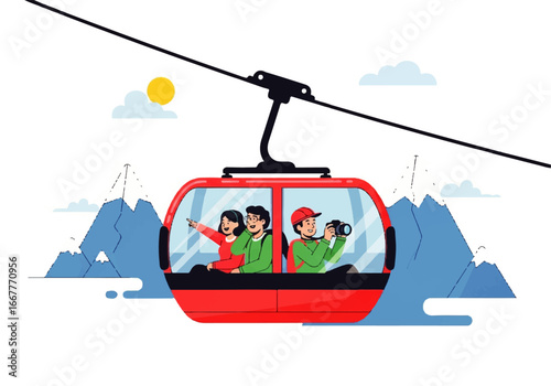 Three people ride a red cable car up a snowcapped mountain. Suitable for travel or transportationrelated content.