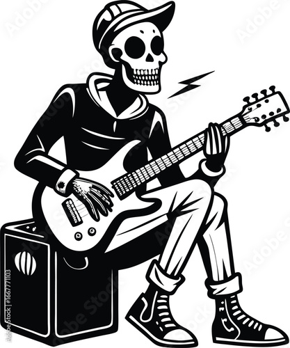 skeleton guitarist playing while sitting on amplifier