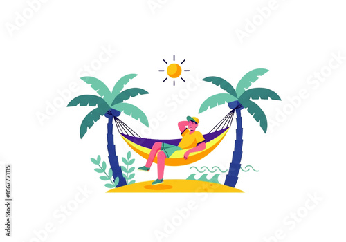 Relaxing in a hammock between palm trees, great for travel blogs, vacation destinations, relaxation retreats, tropical getaways, and wellness websites.
