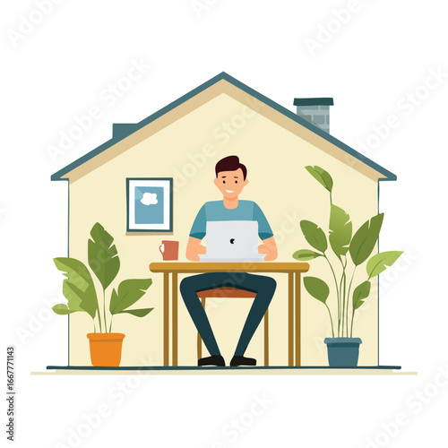 A smiling man comfortably working on his laptop at a desk inside a house with plants.