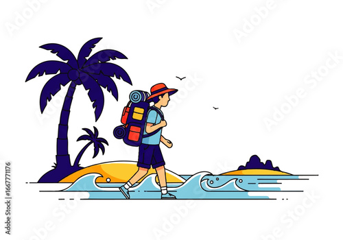 Traveler strolling on tropical beach with palm trees. Suitable for travel blogs, vacation websites, and outdoor adventure promotions.