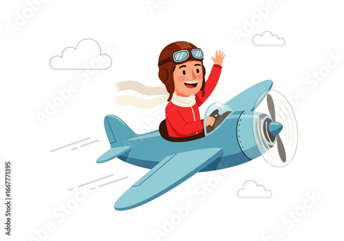 Happy pilot in blue airplane happily flies among fluffy clouds. Suitable for aviation, travel, adventure, and transportationthemed designs.