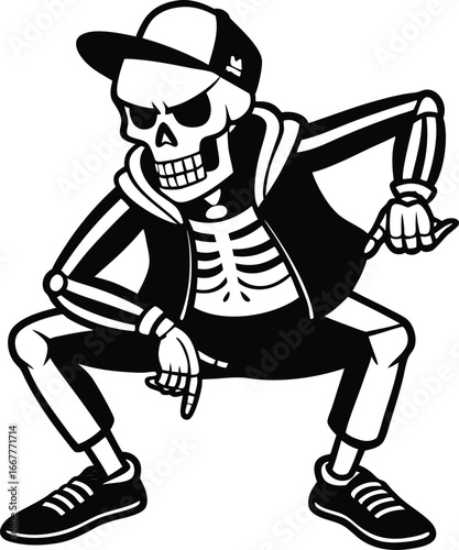 skeleton in hip hop dance squat pose