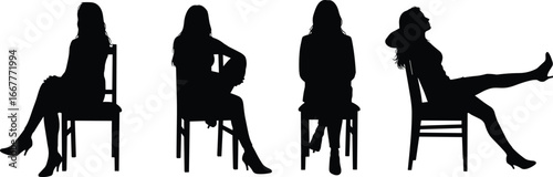 Seated person silhouettes, chair sitting poses, human posture illustration, body language concept, relaxed and formal positions, ergonomic design, vector art, isolated graphic