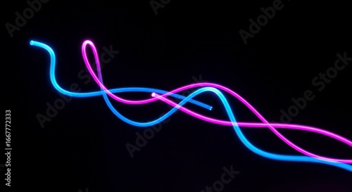 Vibrant fiber-optic light trails weaving across black – futuristic data flow concept for telecom or AI visuals in 8K.