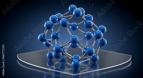 Glossy blue molecular mesh model – sleek scientific visualization perfect for nanotech or chemistry presentations in 8K.