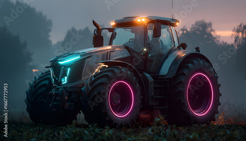 Futuristic tractor with neon blue, pink lights stand in field at dusk. Modern griculture machinery repreents progress, efficiency,automation in farming. Powrful vehicle glows with elctric