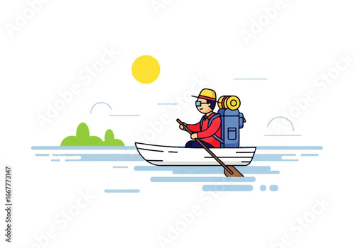 Man in a boat with a backpack paddles under the sun. Backpacking, travel, adventure, exploring, outdoor activities, vacation concepts.