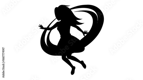 Silhouette of Empowered Woman: A captivating silhouette of a woman, gracefully poised in motion, embodies strength and resilience, framed by flowing, stylized elements.
